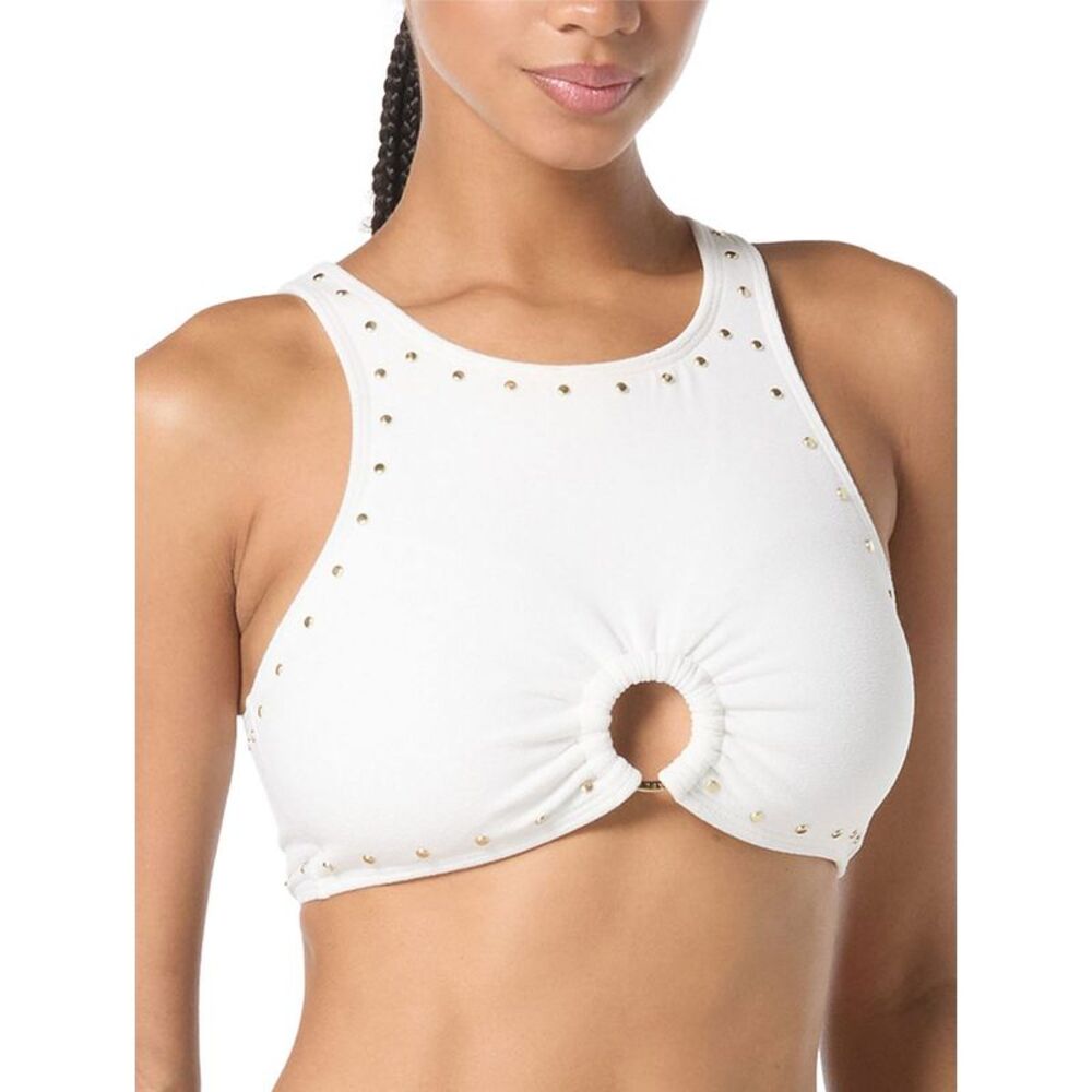 Michael Kors Womens Crepe Front-Ring Studded Bikini Top Small White - NWT